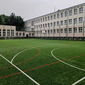 Cancha deportiva exterior frente a edificio escolar